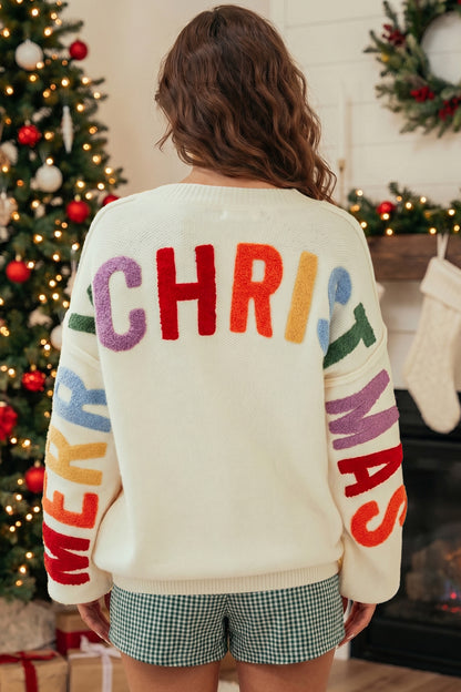 White Ho Ho Ho Slogan V Neck Button Front Embroidered Knit Cardigan