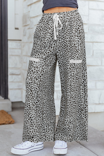 Khaki Animal Print Wide Leg Terry Knit Pants