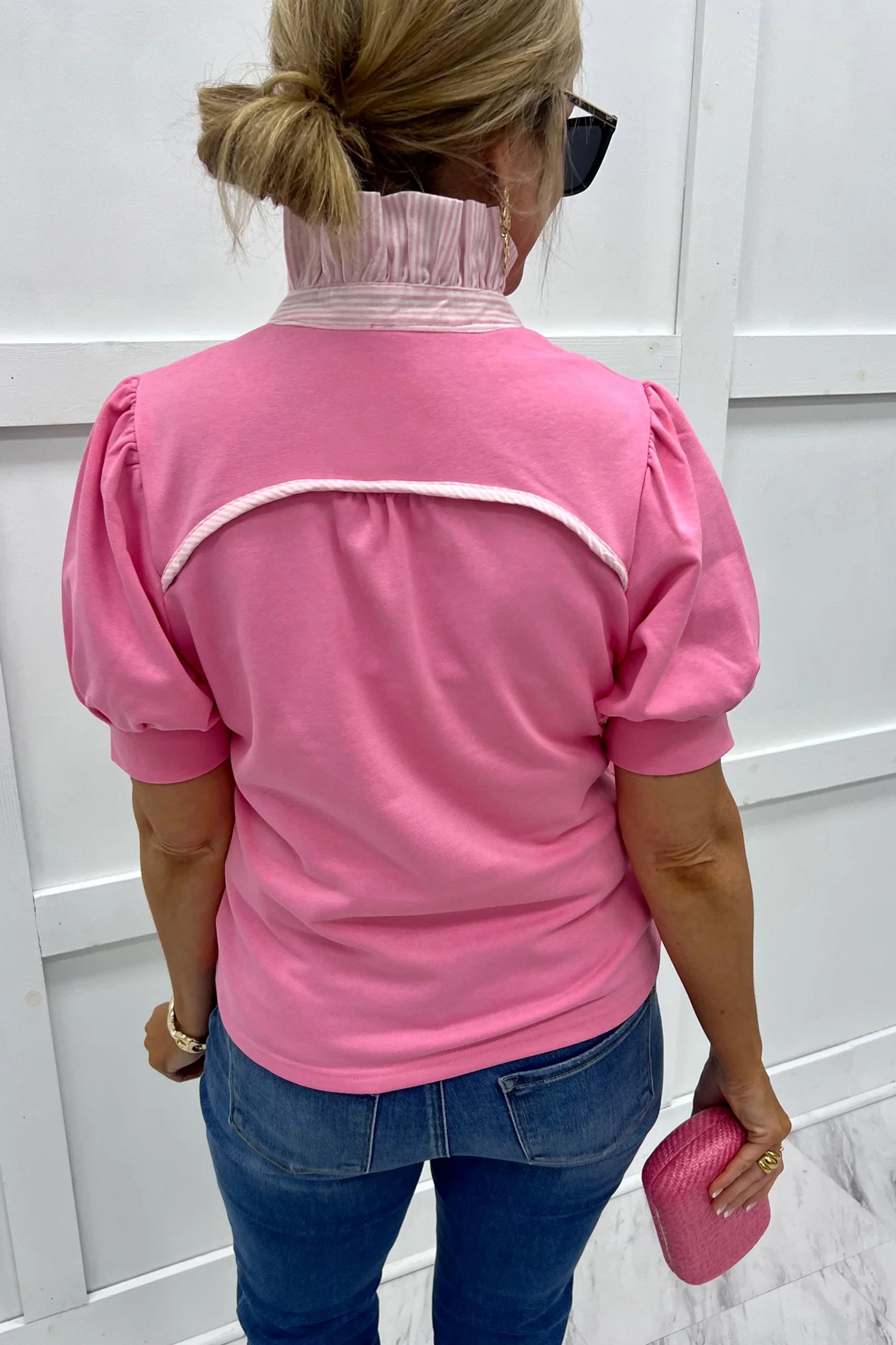 Sachet Pink Striped Frilled Collar Short Sleeve Blouse