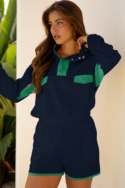 Navy Blue Color Block Patchwork Half Button Pullover and Shorts 2pcs Outfit