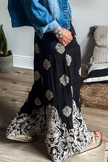 Black Bohemian Printed Drawstring Elastic Waistband Wide Leg Pants