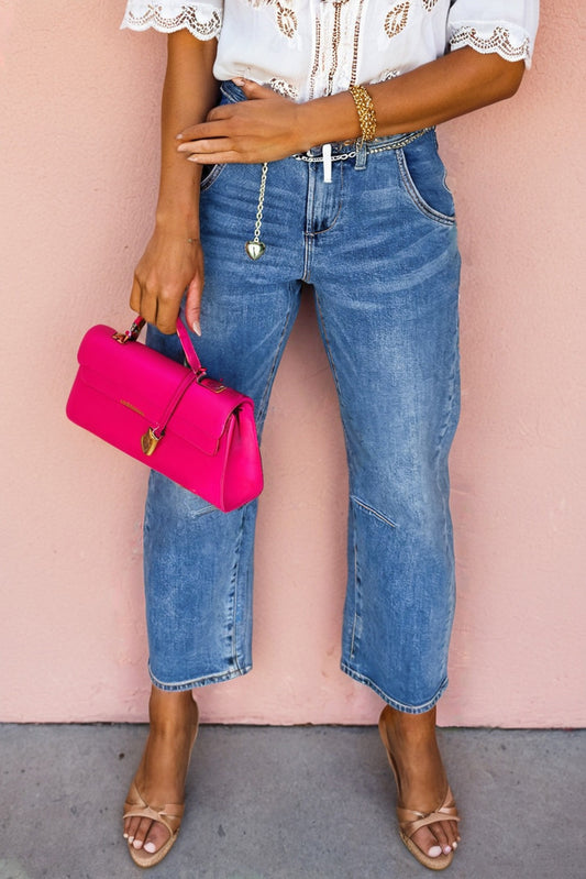 Dusk Blue Seam Detail Ankle Length Cropped BarrelJeans