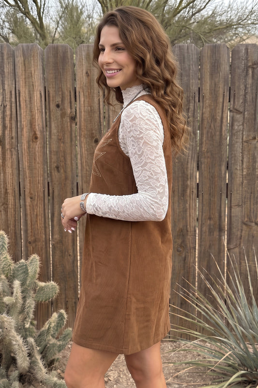 Coffee Geometric Embroidery Sleeveless Corduroy Shift Dress