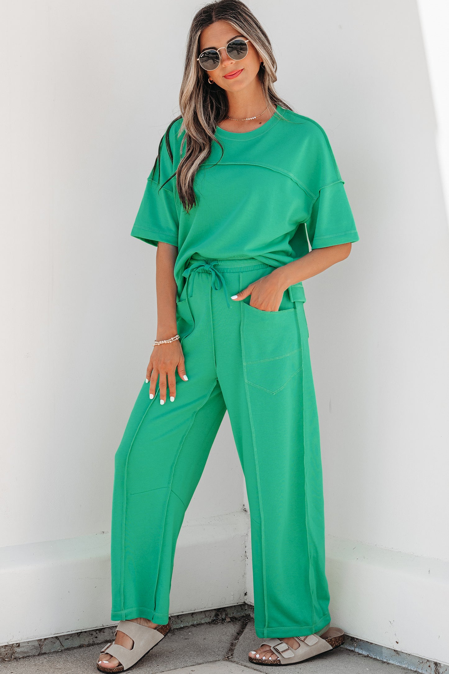 Rose Red Drop Shoulder Boxy Tee and Barrel Pants Set
