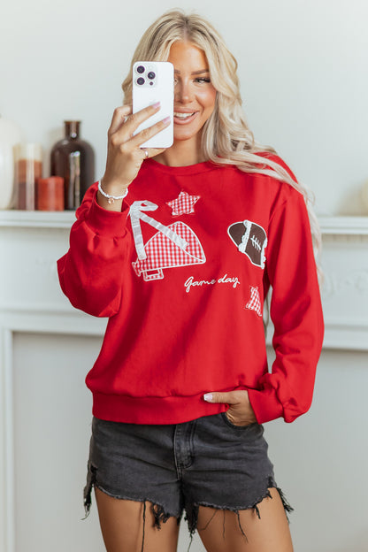 Racing Red Gingham Patch Embroidered Rugby Game Day Stars Sweatshirt