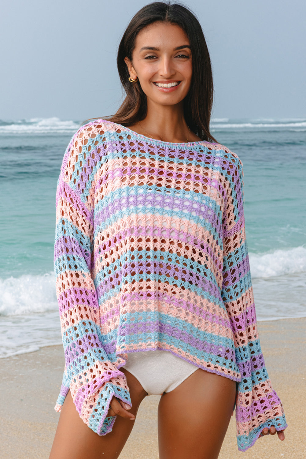 Pull de plage en maille ajourée à rayures multiples violet