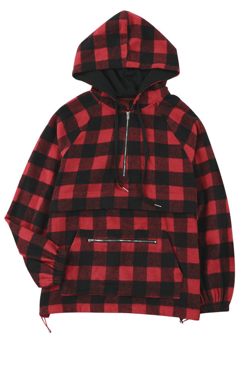 Buffalo Plaid Zipped Front Pocketed Hoodie