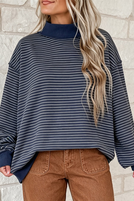 Blue Stripe Ribbed Color Block Mock Neck Oversized Sweatshirt