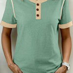 Mint Green Raw Seam Color Block Detail Buttoned Henley Tee