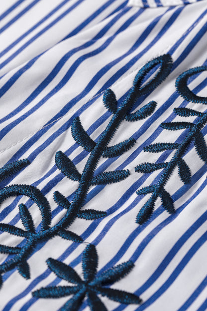 Blue Stripe Embroidered Detail Button Front Long Sleeve Shirt