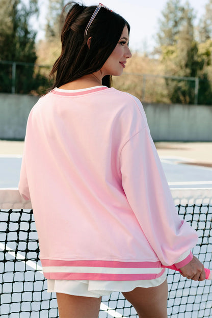 Pink Embroidered Tennis Club Crew Neck Pullover Sweatshirt