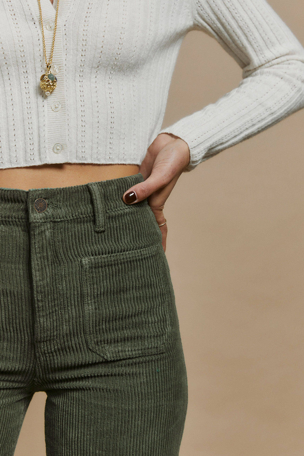 Green High Waist Square Pockets Corduroy Pants
