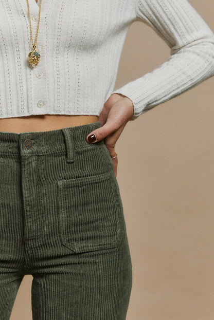 Green High Waist Square Pockets Corduroy Pants