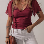 Red Dahlia Mesh Ruffled Sleeve Slim Fit V Neck Top