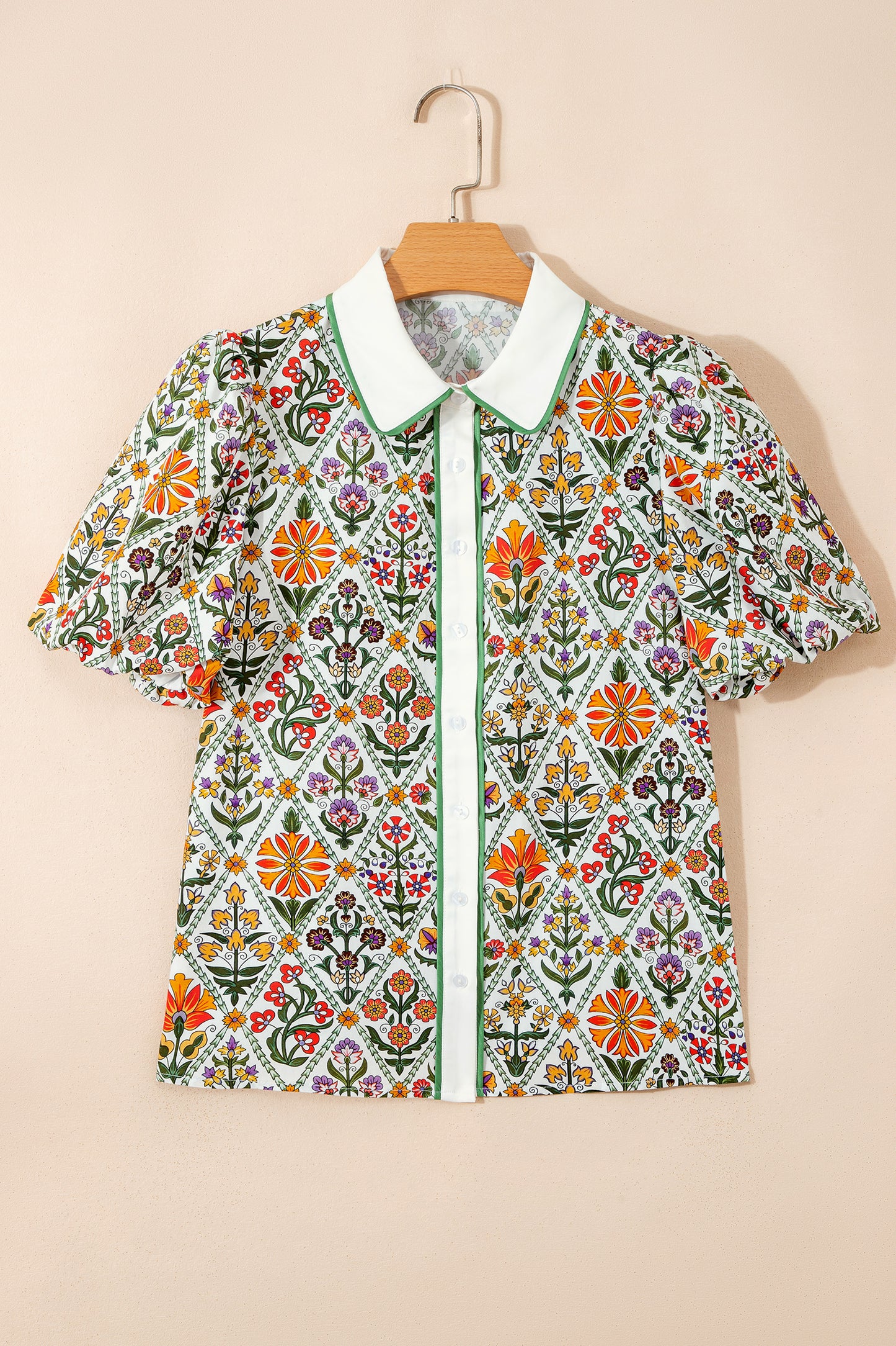 Green Short Bubble Sleeve Floral Shirt