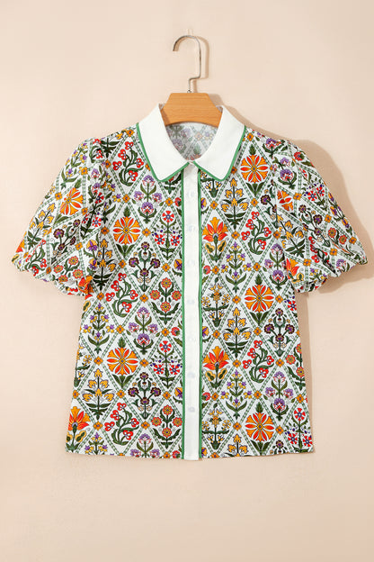 Green Short Bubble Sleeve Floral Shirt