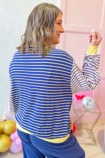 Blue Stripe Contrast Long Sleeve Crew Neck Pullover Top