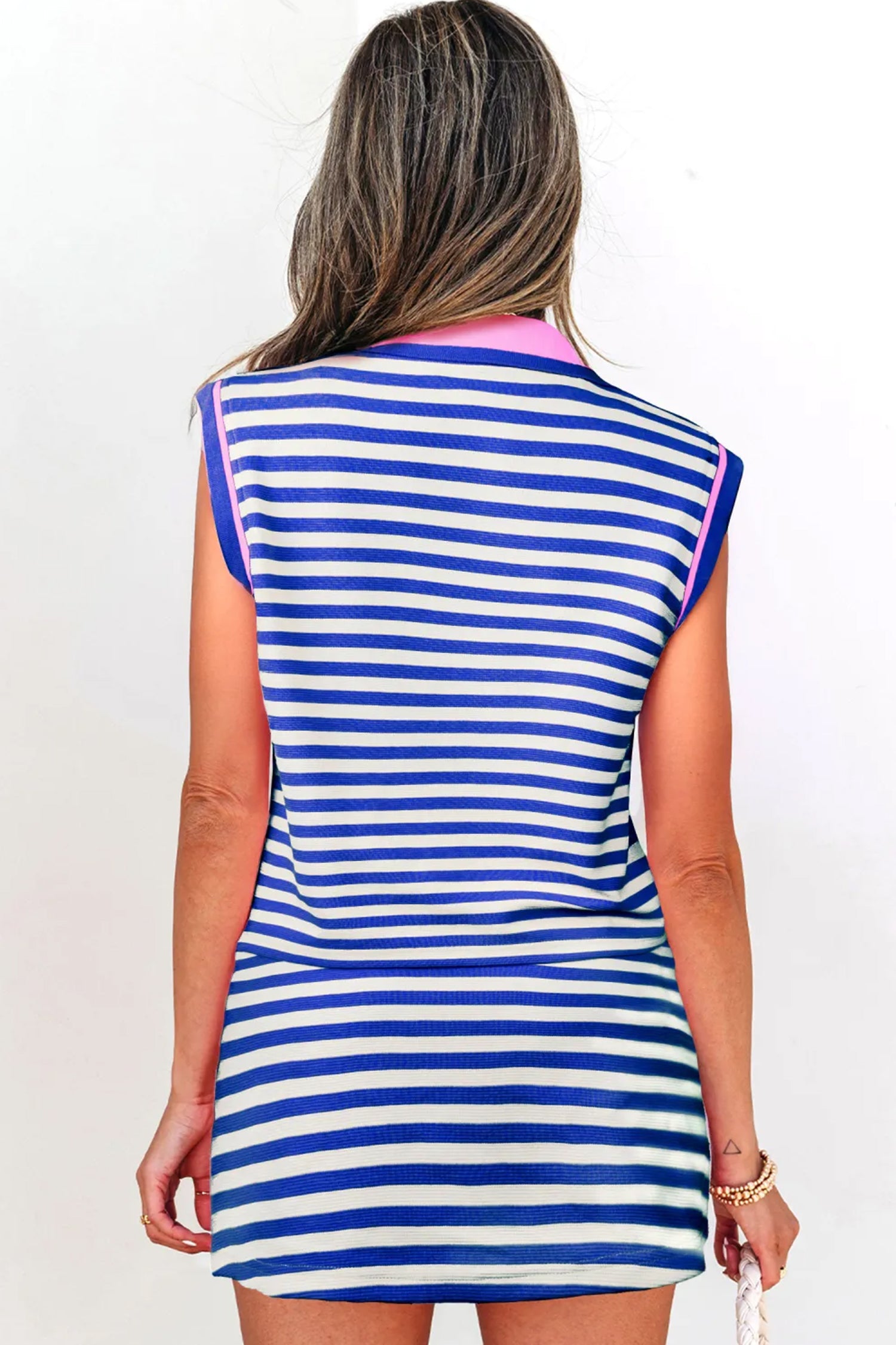 Dark Blue Textured Stripe Print Contrast Trim Zip Collar Sleeveless 2pcs Skort Set