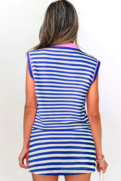 Dark Blue Textured Stripe Print Contrast Trim Zip Collar Sleeveless 2pcs Skort Set