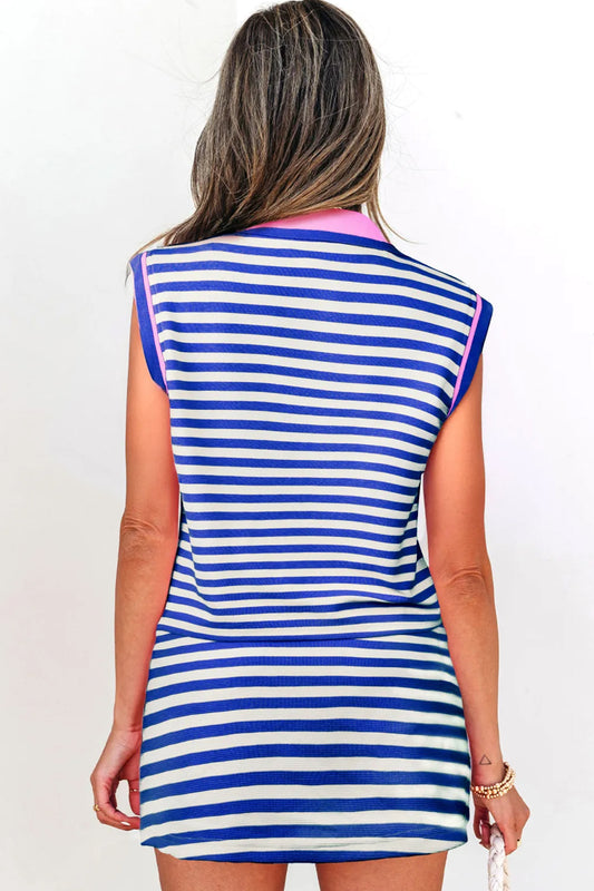 Dark Blue Textured Stripe Print Contrast Trim Zip Collar Sleeveless 2pcs Skort Set
