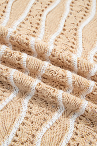 Khaki Wavy Detail Hollow Out Knit Long Sleeve Cotton Pullover Sweater