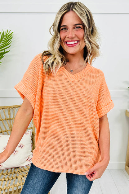 Grapefruit Orange Waffle V Neck Short Sleeve Knit Top