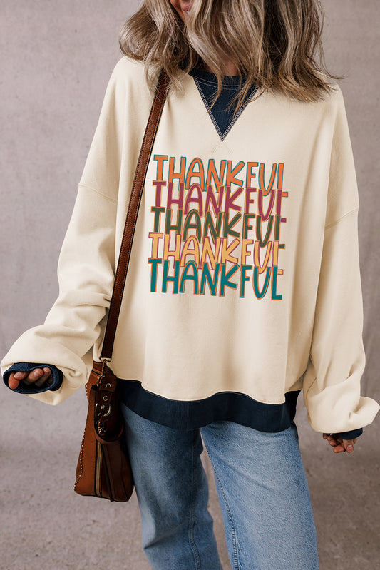 Sweat-shirt oversize blanc à imprimé graphique THANKFUL et bordures colorblock pour Thanksgiving