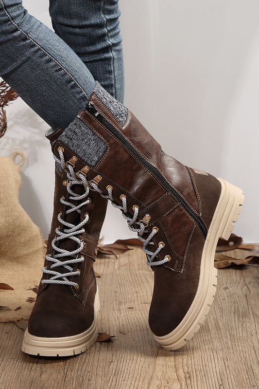 Botas de cuero con cordones y patchwork de punto de lana color café 
