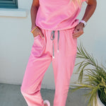 Bonbon Solid Color V Neck Tee Drawstring Pant Set