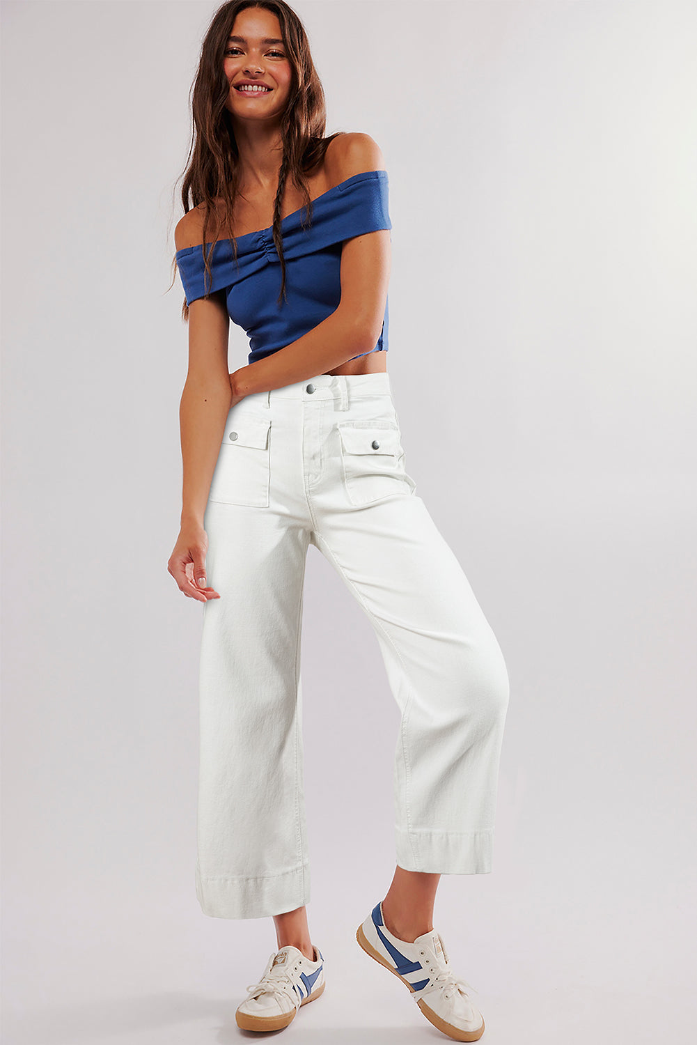 White Flap Pockets Front Straight Cropped Jeans