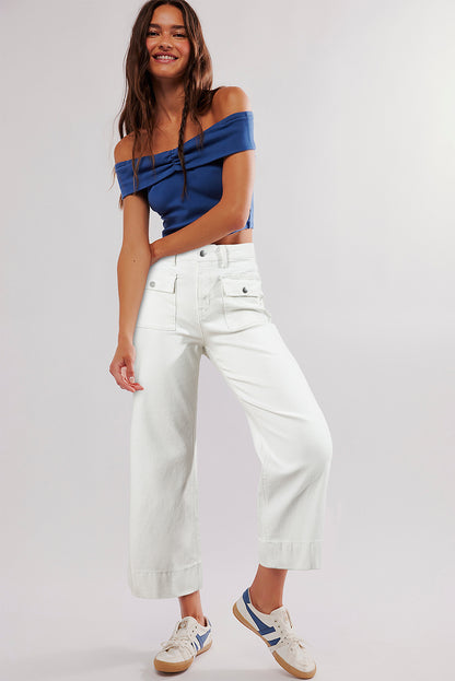 White Flap Pockets Front Straight Cropped Jeans