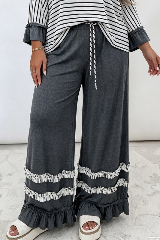 Dark Grey Tiered Ruffled Casual Plus Size Wide Leg Pants