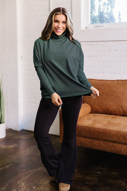 Green Stripe High Neck Dropped Shoulder Long Sleeve Casual Top