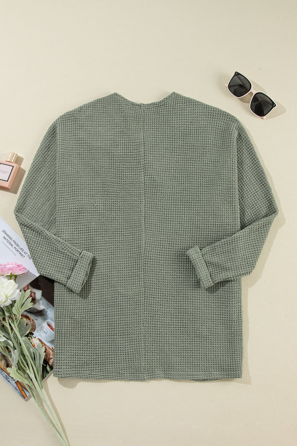 Cardigan ouvert en tricot gaufré vert laurier