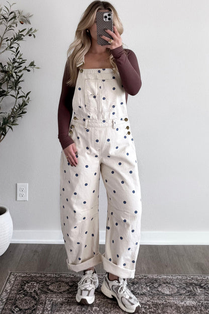 Jet Stream Polka Dot Print Bib Pocket Denim Barrel Overalls Jumpsuit