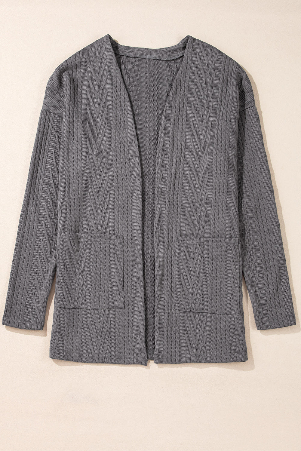 Cardigan gris moyen uni texturé ouvert sur le devant avec poche
