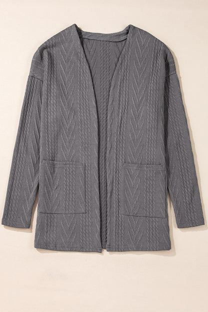 Cardigan gris moyen uni texturé ouvert sur le devant avec poche