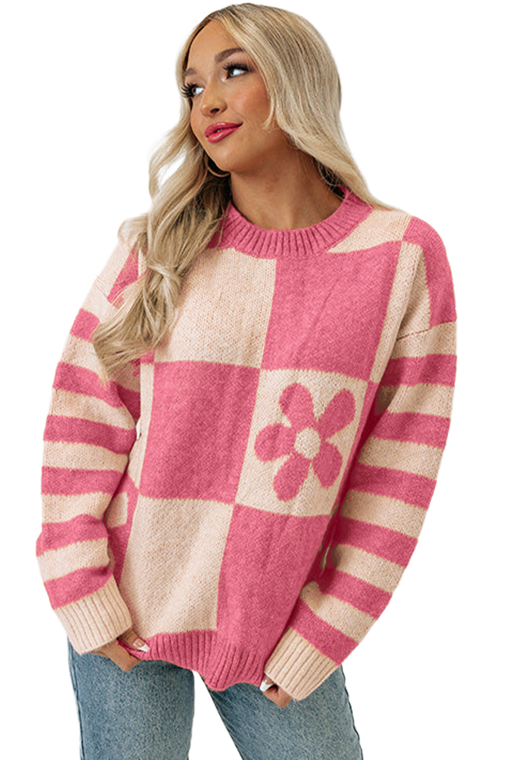 Pull à manches rayées et imprimé floral à carreaux marron