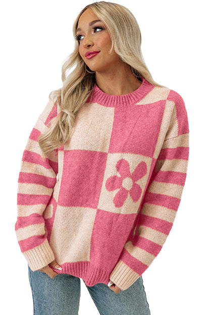 Pull à manches rayées et imprimé floral à carreaux marron