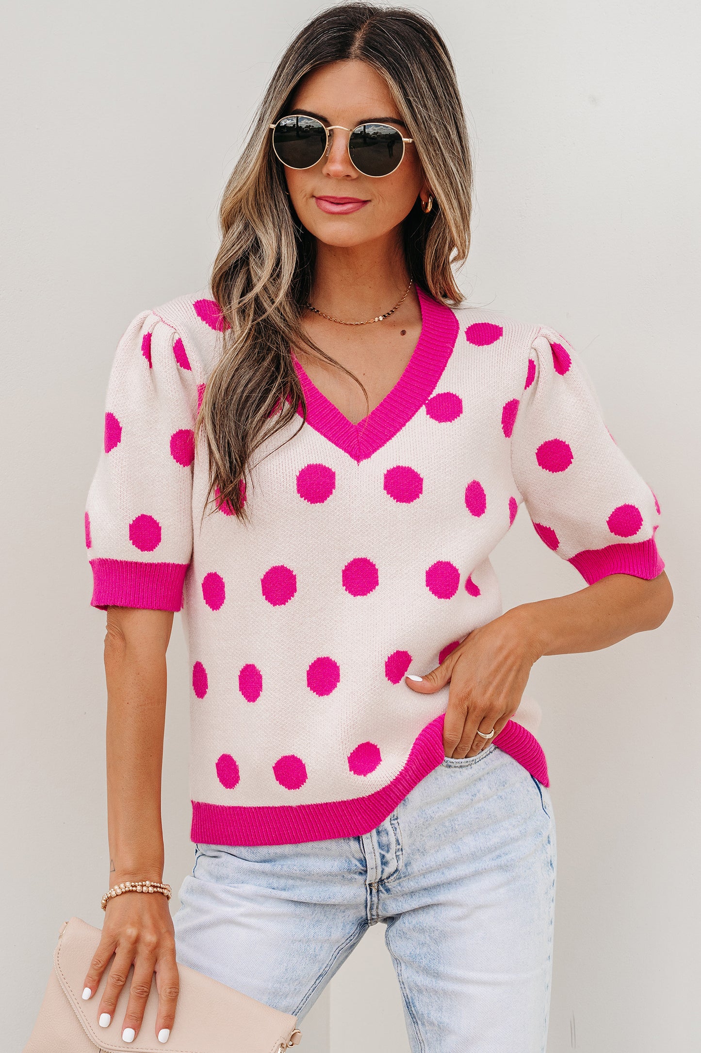 Light Blue Polka Dot Puff Short Sleeve Sweater Top