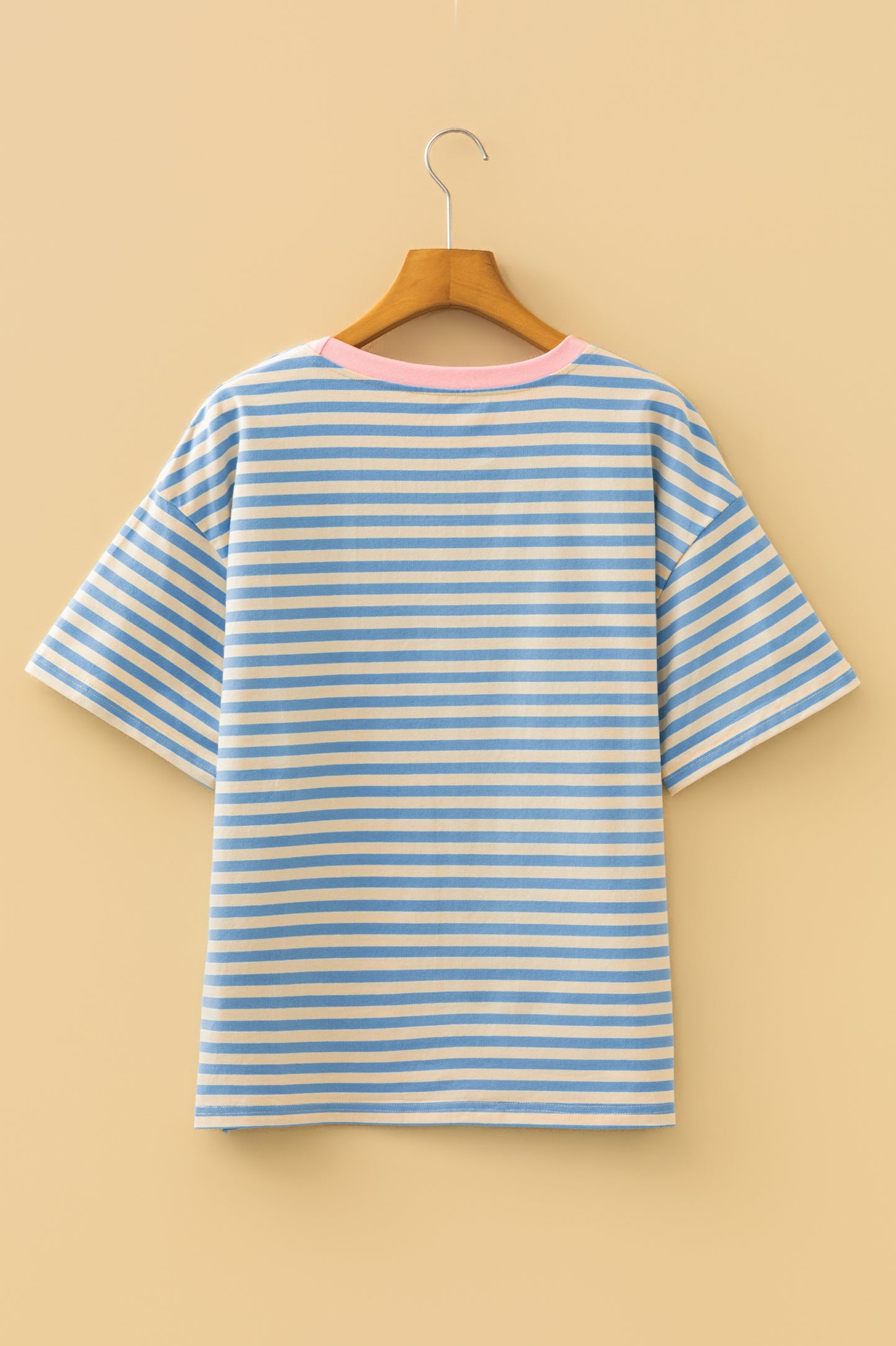 Sky Blue Stripe Patriotic Sequin Stars Decoration Short Sleeve T Shirt