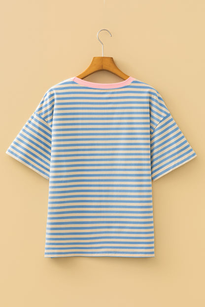 Sky Blue Stripe Patriotic Sequin Stars Decoration Short Sleeve T Shirt
