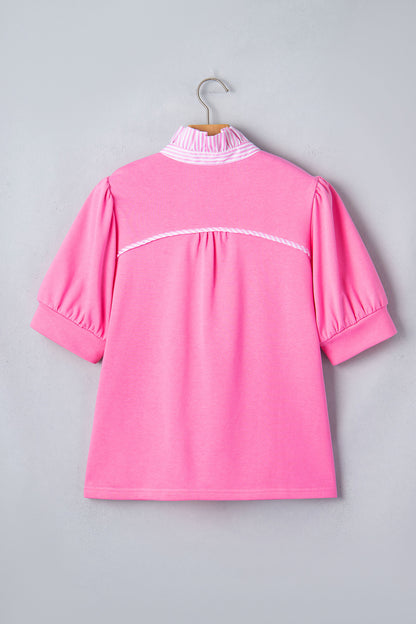 Sachet Pink Striped Frilled Collar Short Sleeve Blouse