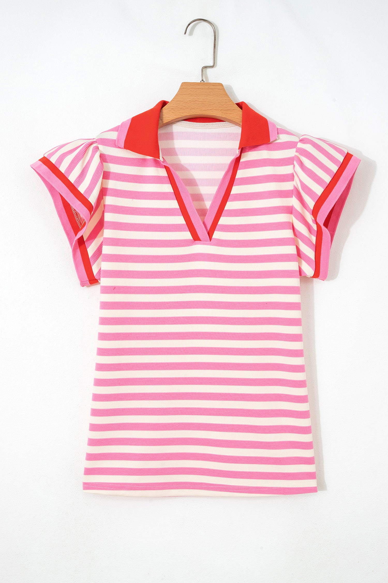 Pink Stripe Contrast Trim Polo Collar Ruffled Short Sleeve Blouse