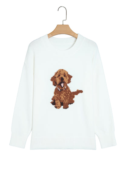 White Cozy Dog Print Dropped Shoulder Relaxed Sweater
