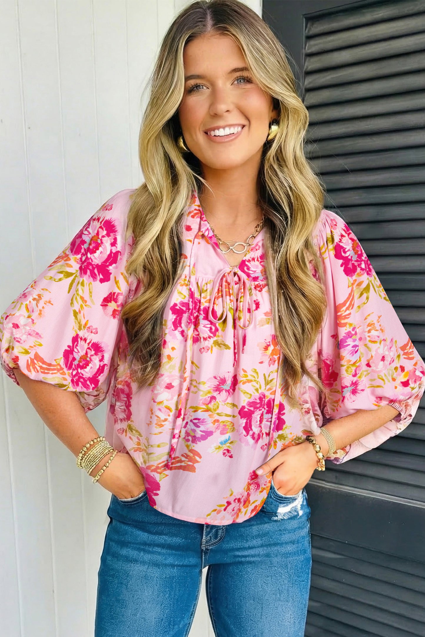 Pink Floral Print Tie Neck Puffy Half Sleeve Blouse