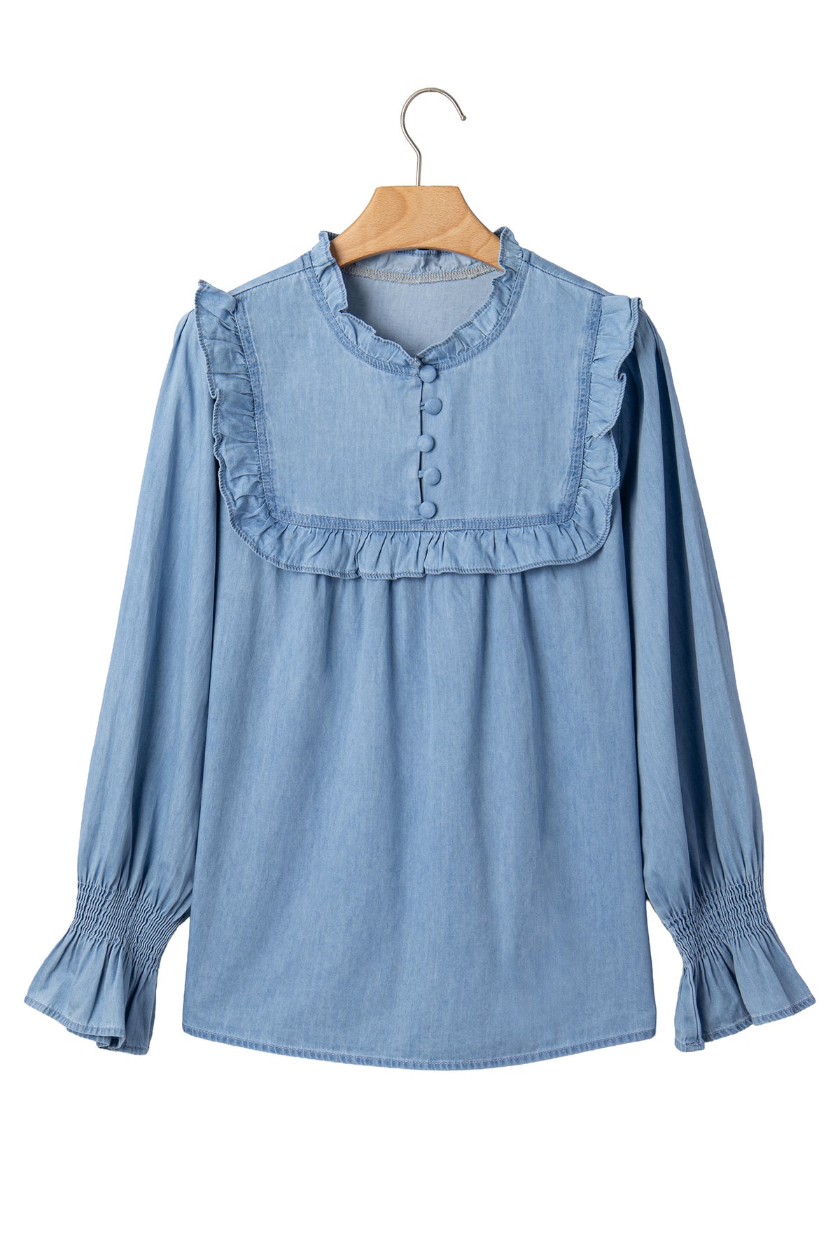 Beau Blue Western Ruffle V Neck Long Sleeve Chambray Blouse