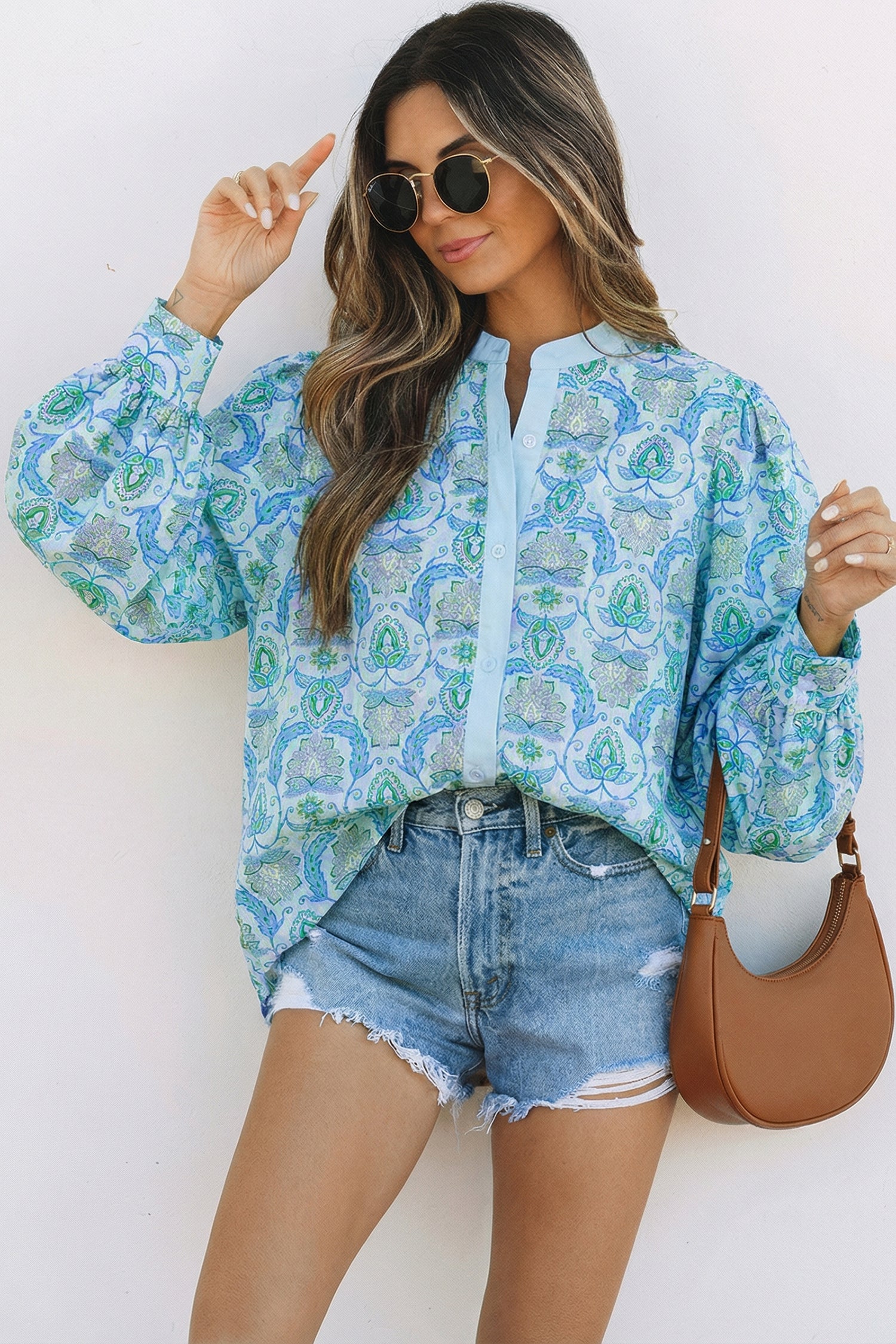 Sky Blue Paisley Print Puff Sleeve Loose Shirt