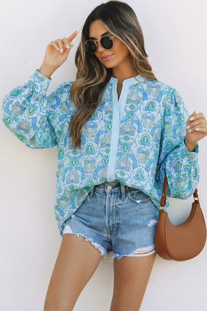 Sky Blue Paisley Print Puff Sleeve Loose Shirt