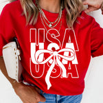 Red USA Bow Printed Casual Cotton Blend T Shirt